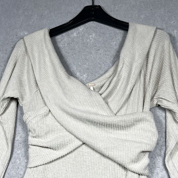 Free People Marley Shirt L Off White Off The Shoulder Ribbed V-Neck Pullover - Picture 3 of 12
